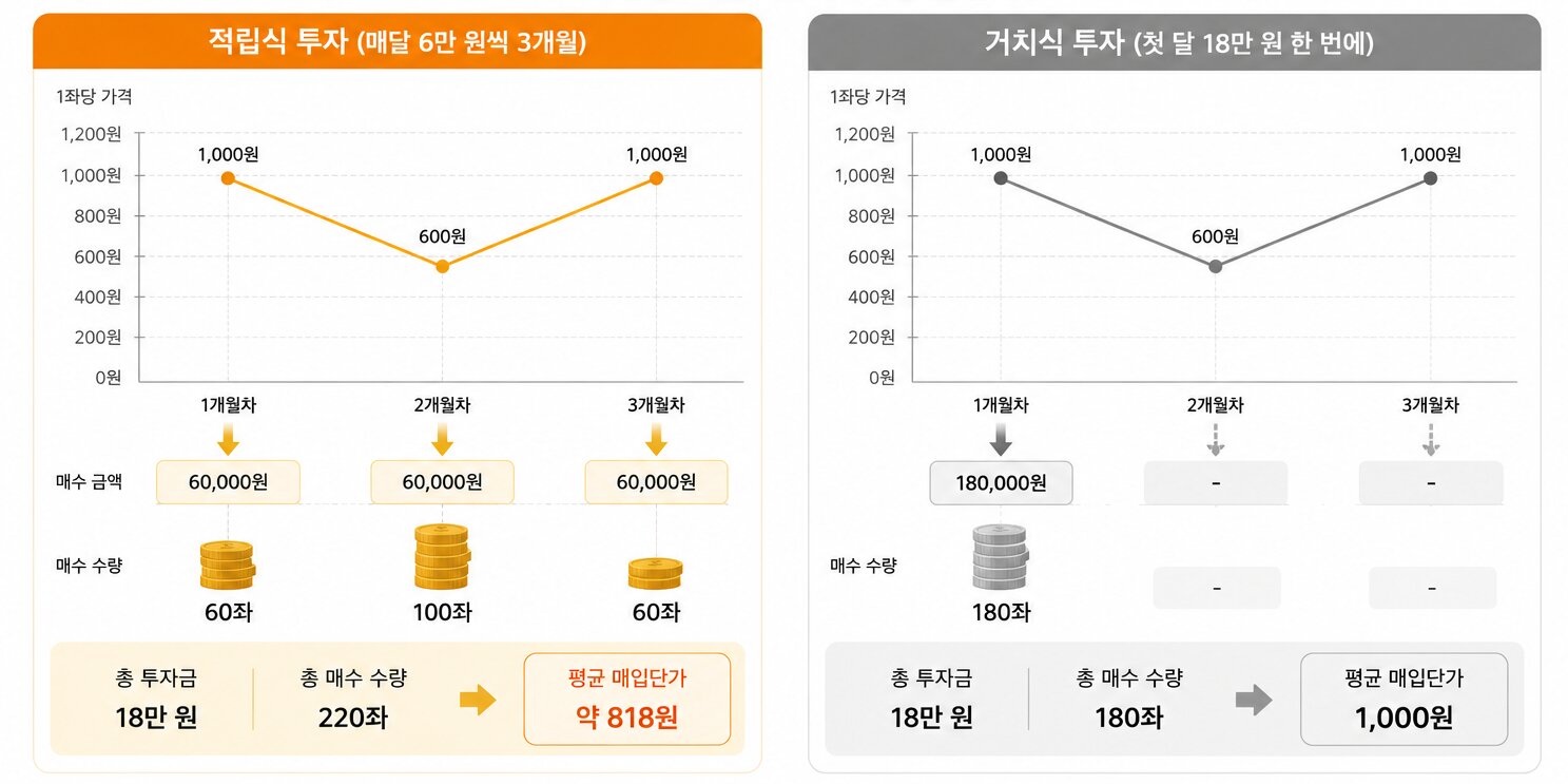 매주 같은 금액으로 사과를 살 때 가격이 쌀수록 많이 사게 되는 코스트 애버리징 예시 도표