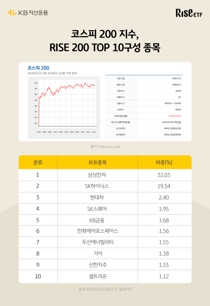 코스피200 지수 RISE 200 ETF 상위 10개 구성종목과 비중