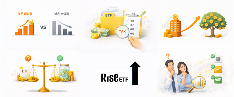 높은 배당률 대 낮은 수익률 비교, ETF 세금 검토, 자산 성장, 분배금 저울 비교 등 ETF 배당 투자 핵심 요소 콜라주