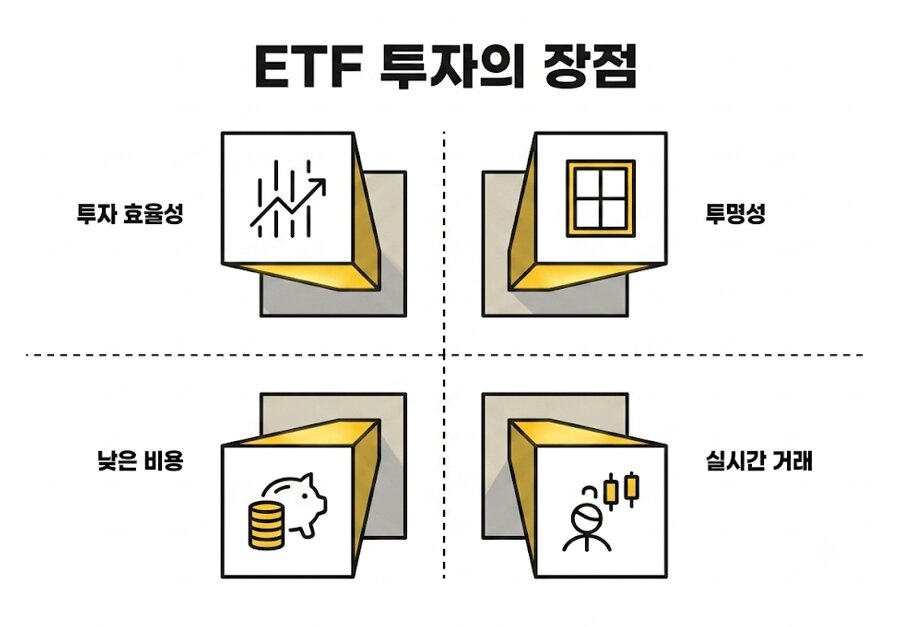 ETF 투자의 장점 투자 효율성 투명성 낮은 비용 실시간 거래 네 가지