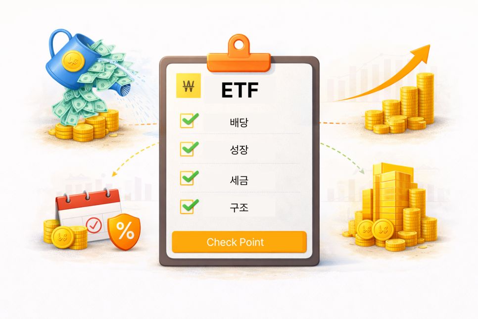ETF 투자 시 배당·성장·세금·구조 4가지 체크포인트를 담은 클립보드 체크리스트
