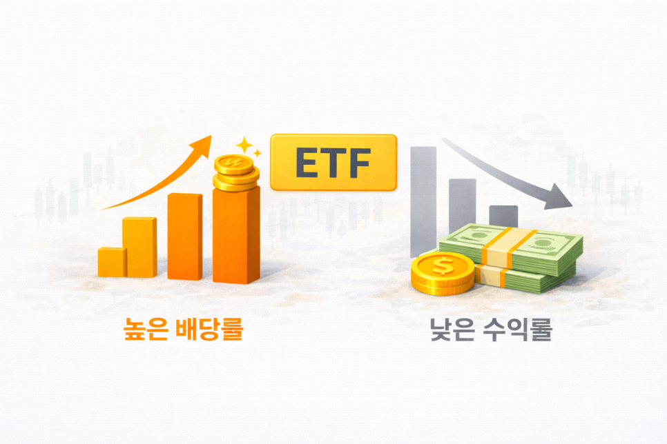 높은 배당률과 낮은 수익률 막대그래프 대비, ETF 선택 시 배당률과 수익률 트레이드오프 표현