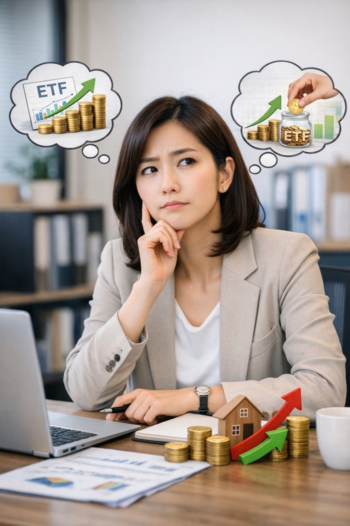 ETF 적립식과 거치식 투자 방식을 고민하는 투자자 일러스트