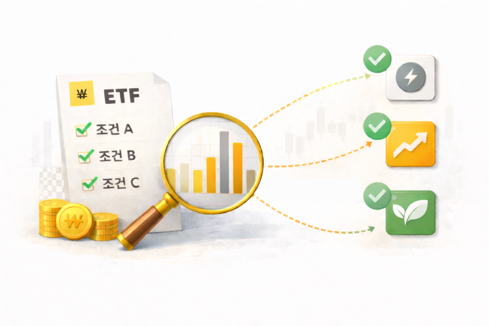 ETF 조건 A·B·C를 돋보기로 검토해 적합한 항목을 선별하는 필터링 과정 표현