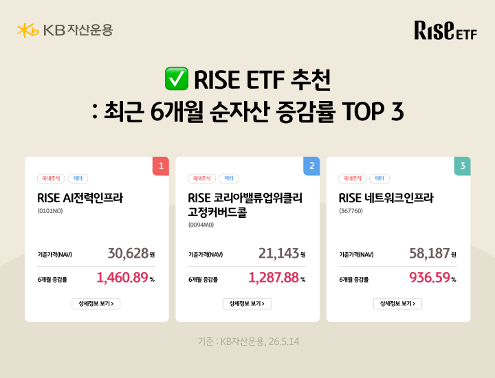 RISE ETF 최근 6개월 순자산 증감률 상위 3종목(2026년 5월 14일 기준): 1위 RISE AI전력인프라 NAV 30,628원·1,460.89%, 2위 RISE 코리아밸류업위클리고정커버드콜 NAV 21,143원·1,287.88%, 3위 RISE 네트워크인프라 NAV 58,187원·936.59%